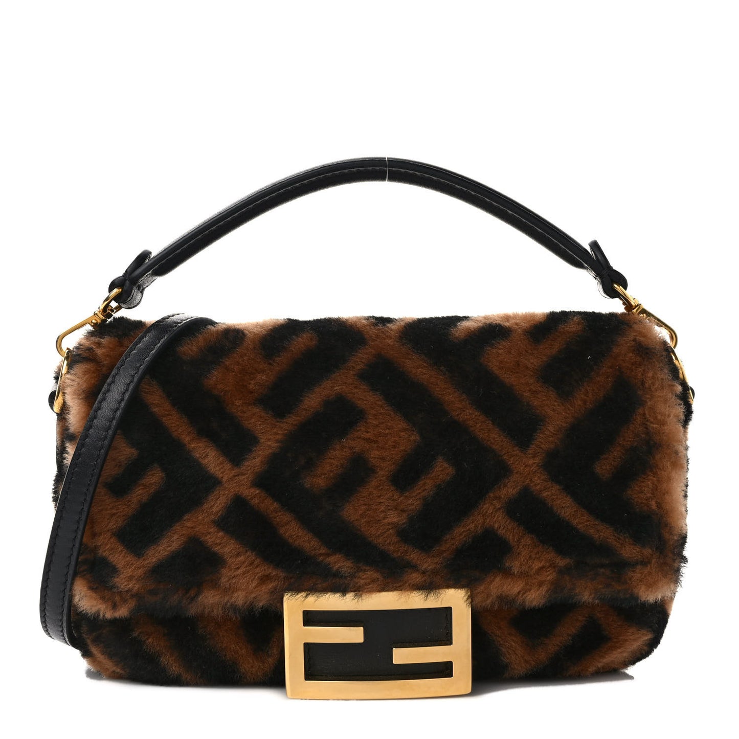 Shearling Vitello Dolce Macro FF 1974 Mini Baguette Tobacco Black