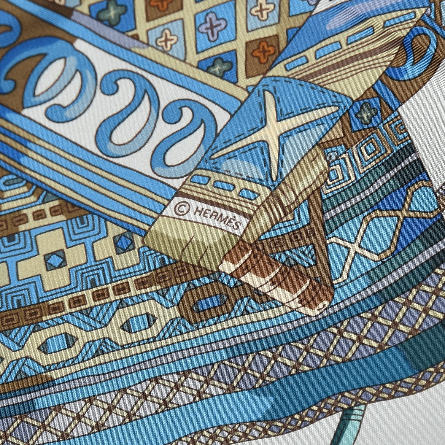 Hermes Silk Voyage En Etoffes Scarf 90 Bleu Pale Blue Jean Vert 4 of 5