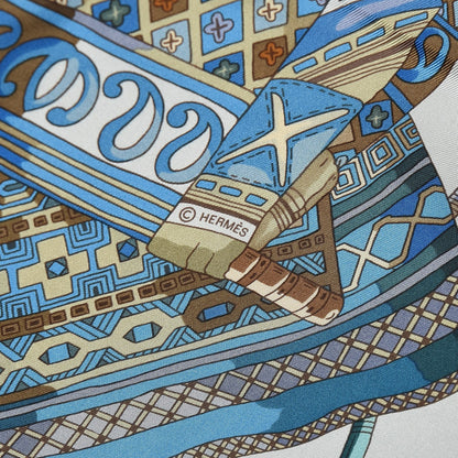 Hermes Silk Voyage En Etoffes Scarf 90 Bleu Pale Blue Jean Vert 4 of 5