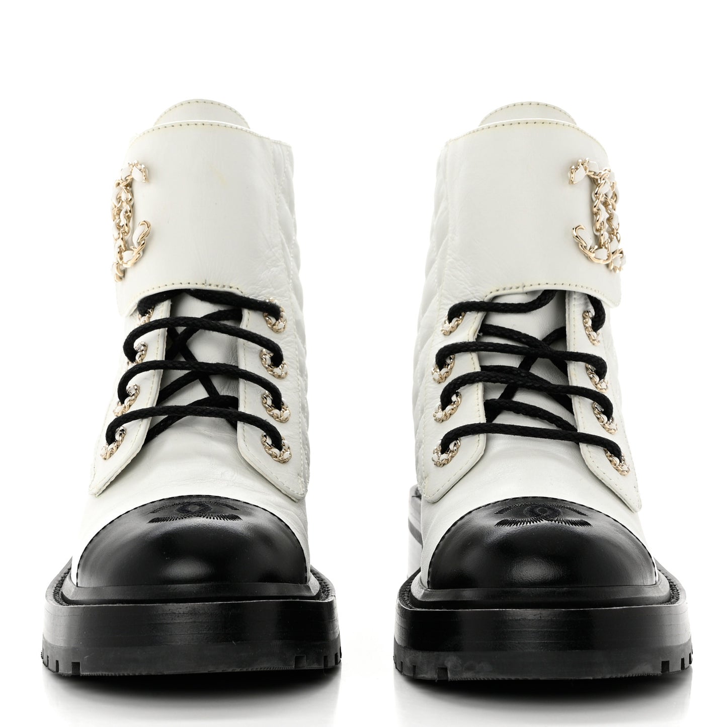 Shiny Goatskin Calfskin Quilted Lace Up Combat Boots 36 White Black