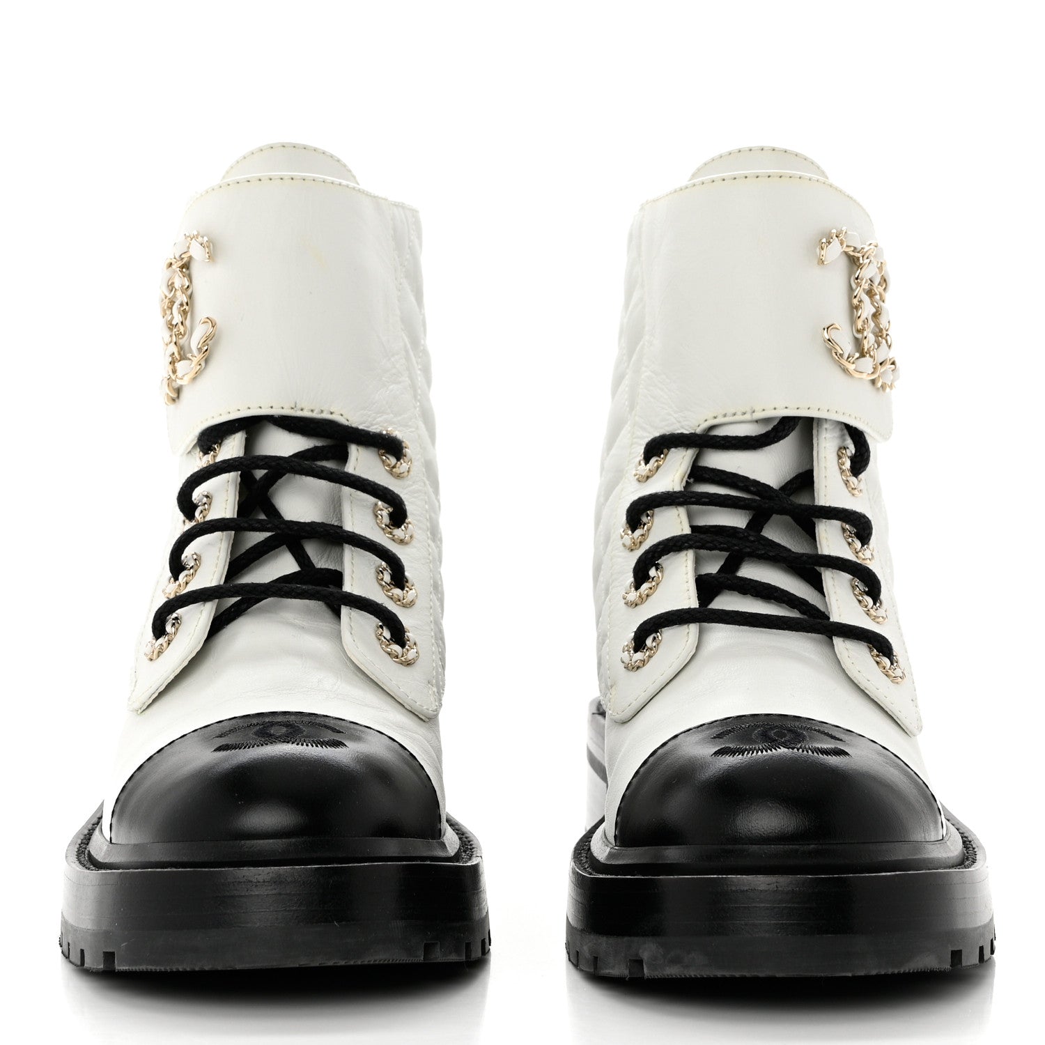 Chanel Shiny Goatskin Calfskin Quilted Lace Up Combat Boots 36 White Black 2 of 8