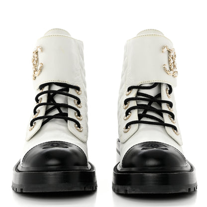 Chanel Shiny Goatskin Calfskin Quilted Lace Up Combat Boots 36 White Black 2 of 8