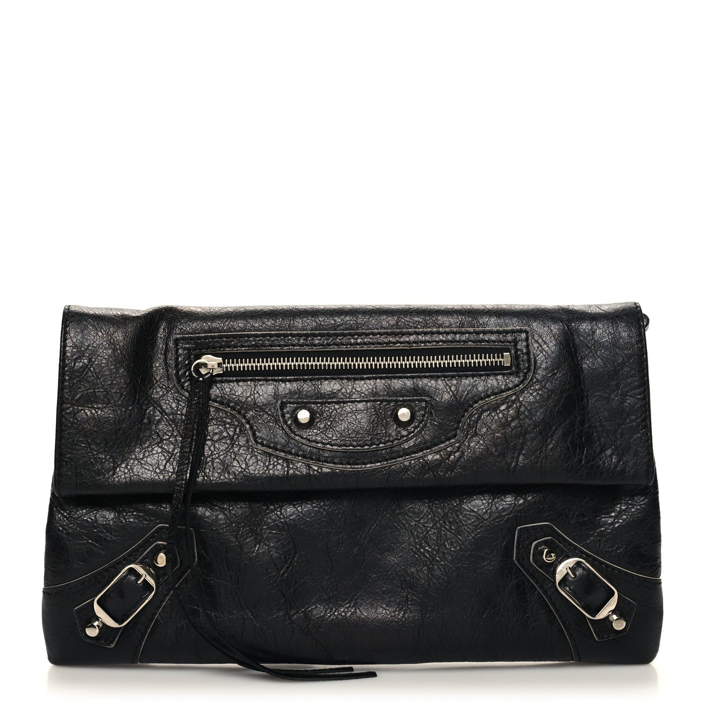 Agneau Silver Metallic Edge Hardware Envelope Clutch Black