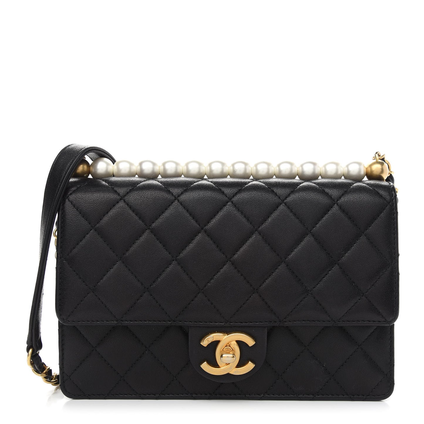 Lambskin Quilted Small Chic Pearls Flap Black