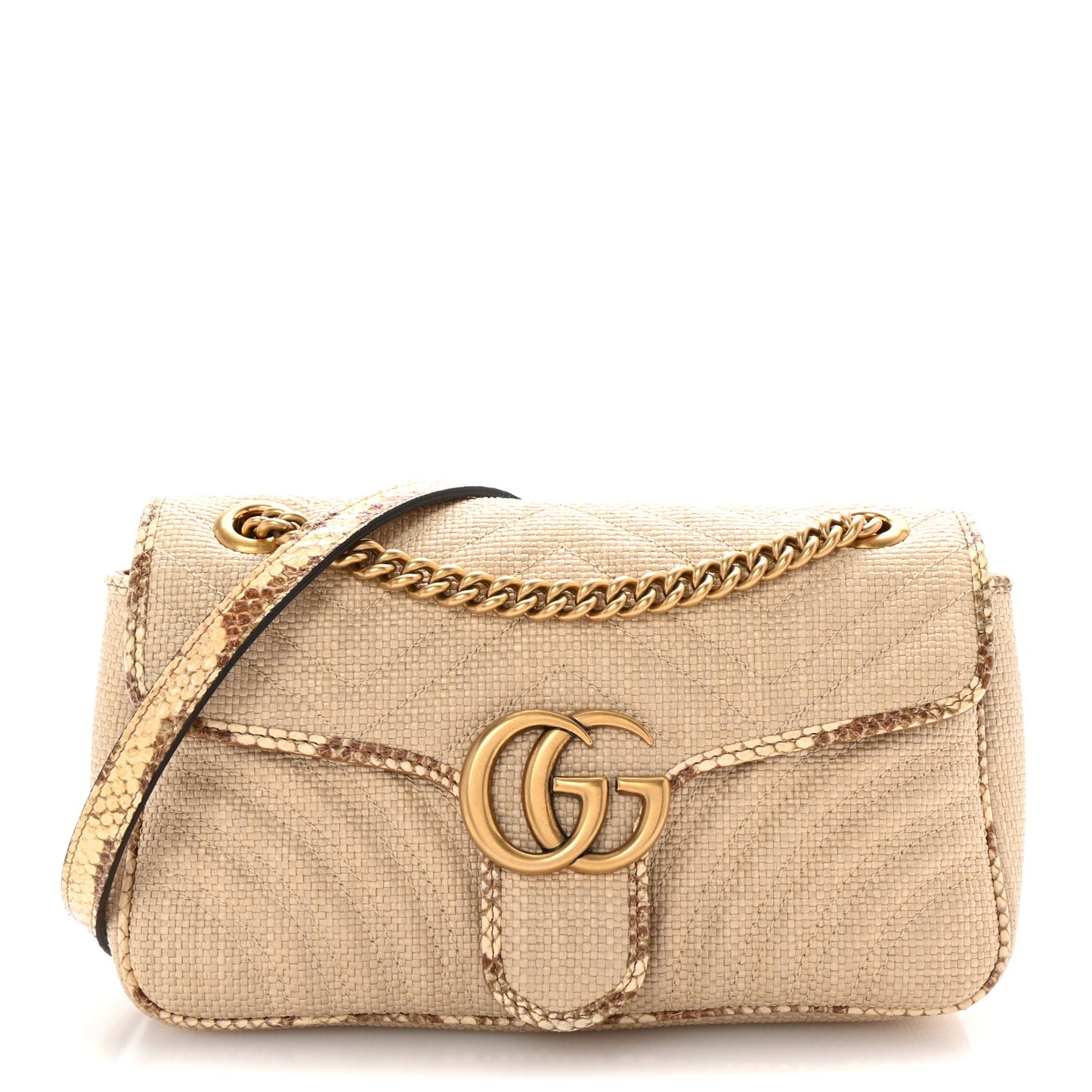 Raffia Elaphe Matelasse Small GG Marmont Shoulder Bag Natural Cream Brown