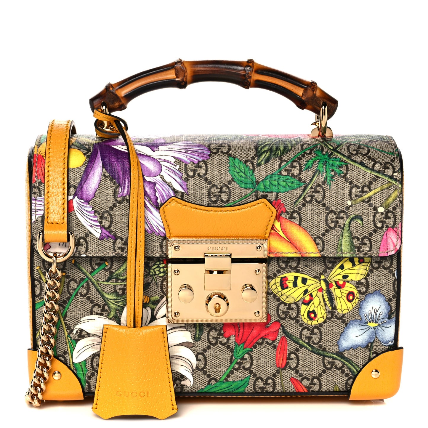 GG Supreme Monogram Flora Small Padlock Bamboo Shoulder Bag Beige Multicolor Crop