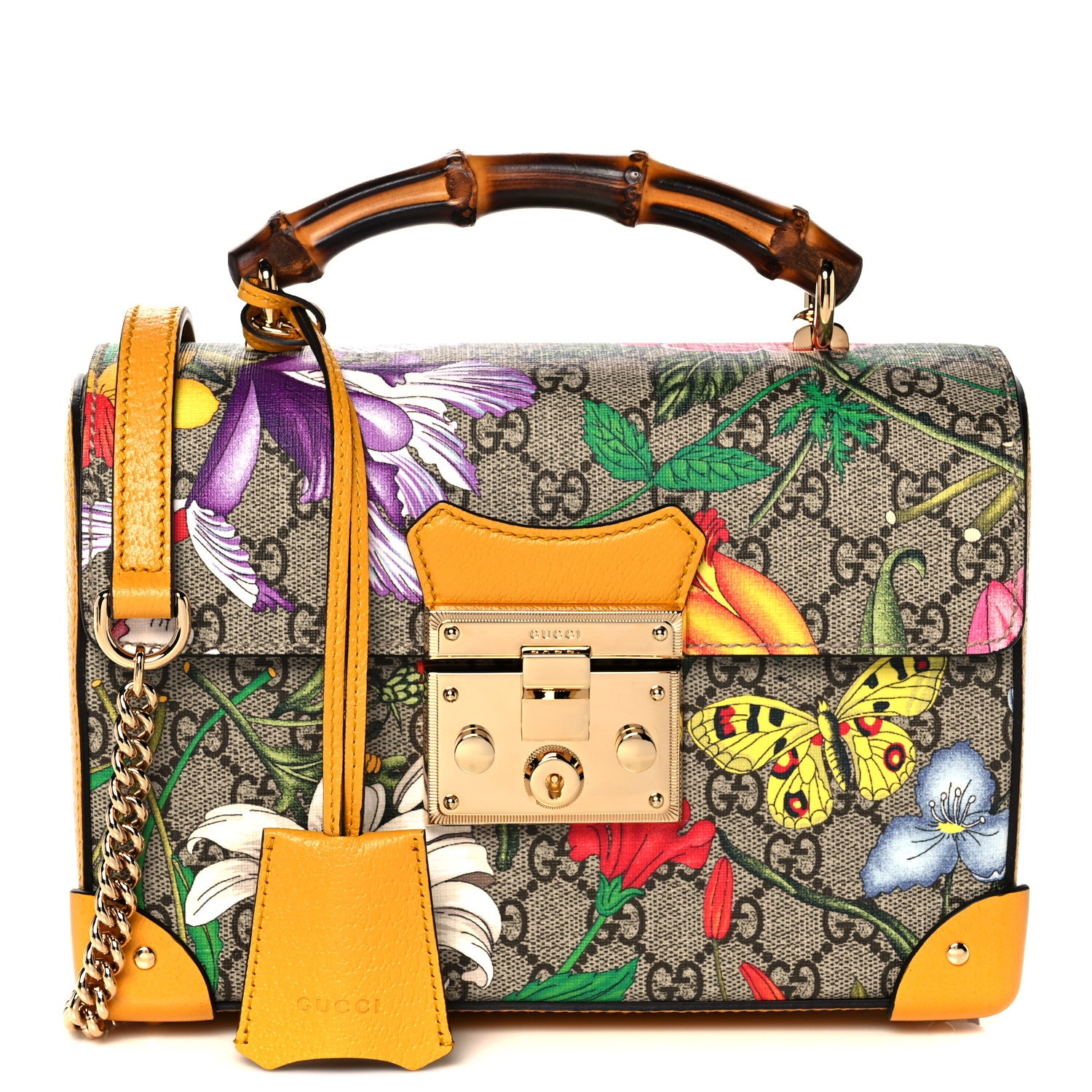 Gucci GG Supreme Monogram Flora Small Padlock Bamboo Shoulder Bag Beige Multicolor Crop 1 of 10