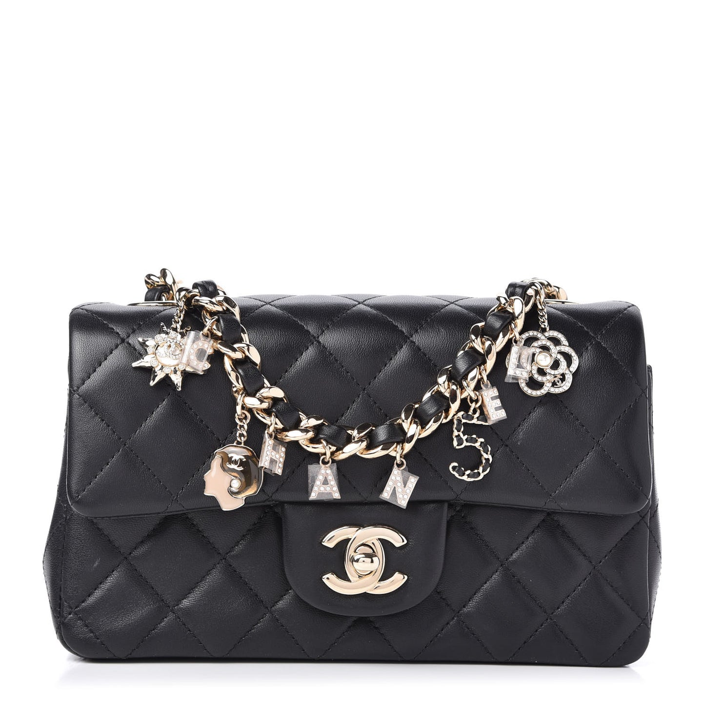 Lambskin Quilted Mini Coco Charms Rectangular Flap Black