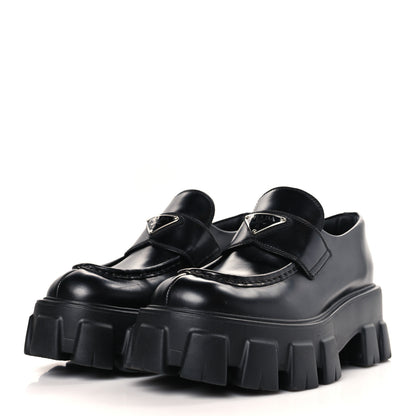 Prada Spazzolato Rois Metal Triangle Logo Monolith 55mm Loafers 37.5 Black 3 of 8