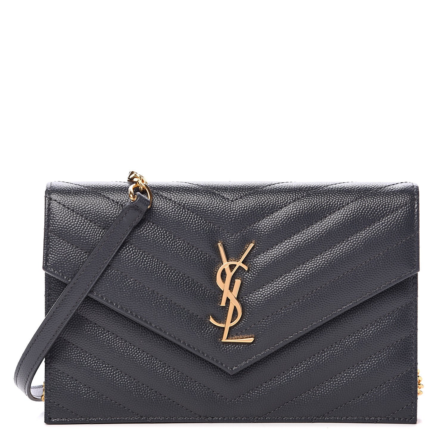 Saint Laurent Grain De Poudre Matelasse Chevron Monogram Envelope Chain Wallet Smog 1 of 10