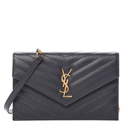 Saint Laurent Grain De Poudre Matelasse Chevron Monogram Envelope Chain Wallet Smog 1 of 10