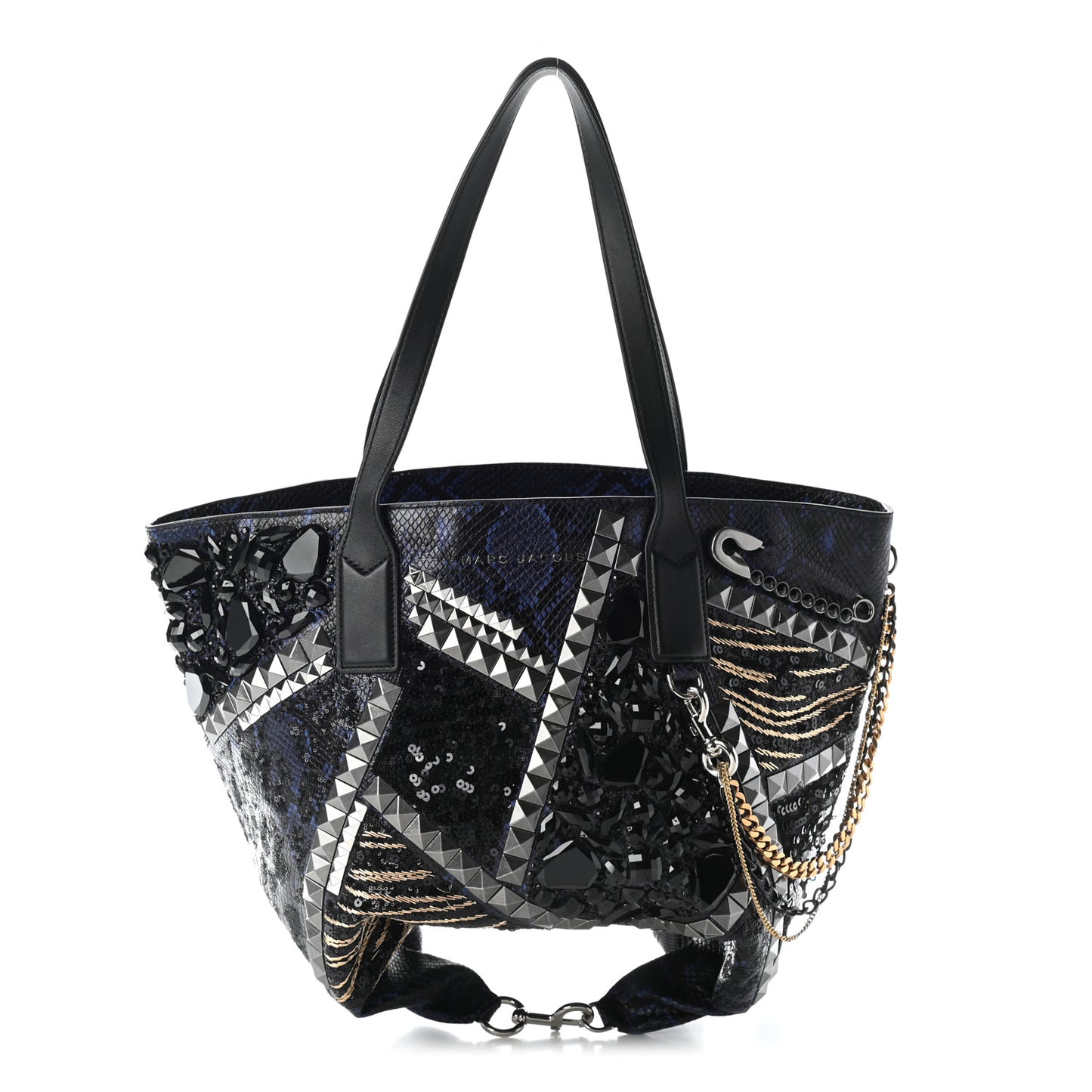 Calfskin Snakeskin Embossed Large Wingman Embellished Shopping Tote Blue Black