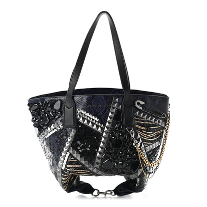 Marc Jacobs Calfskin Snakeskin Embossed Large Wingman Embellished Shopping Tote Blue Black 3 of 9