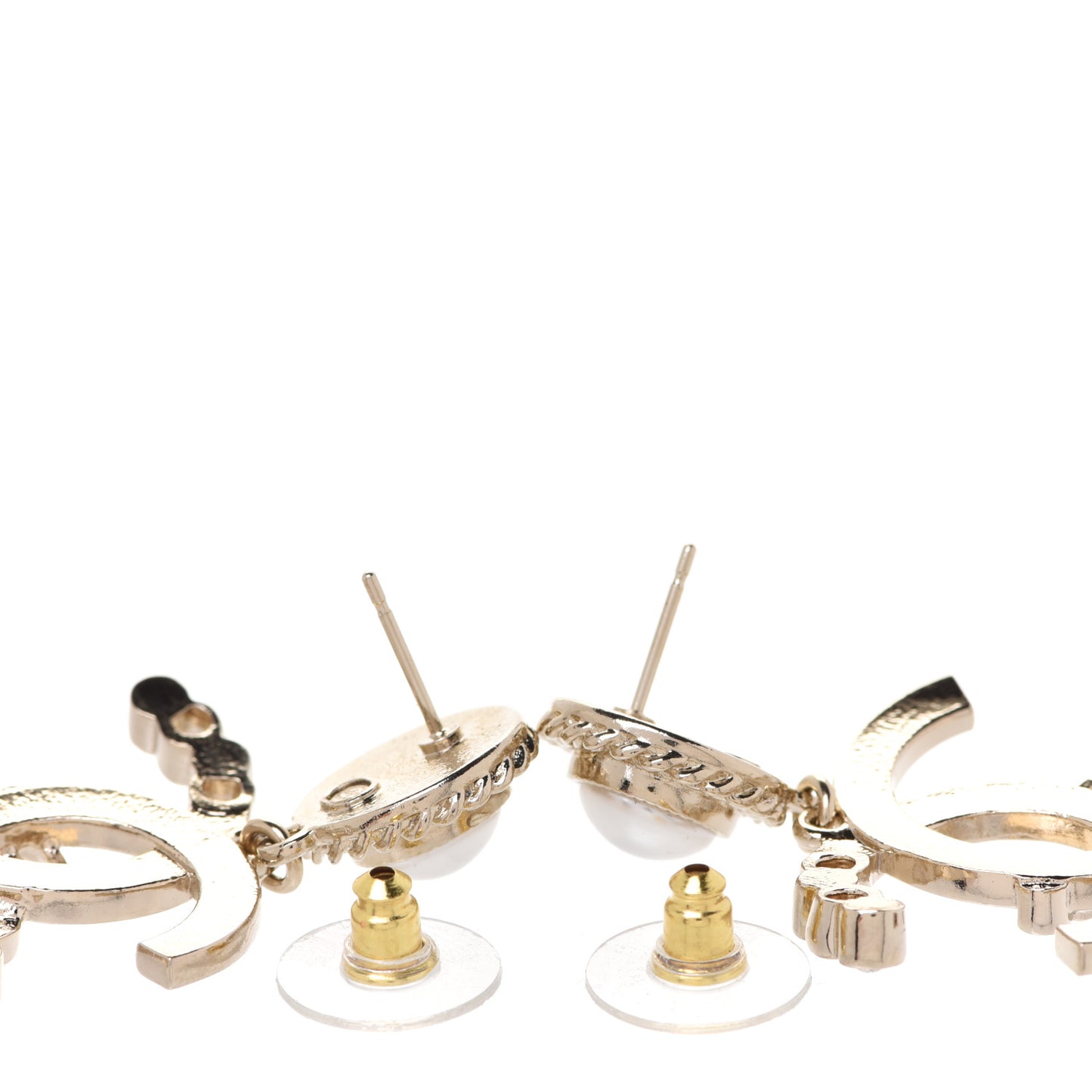Metal Pearl Crystal Coco Script CC Drop Earrings Gold
