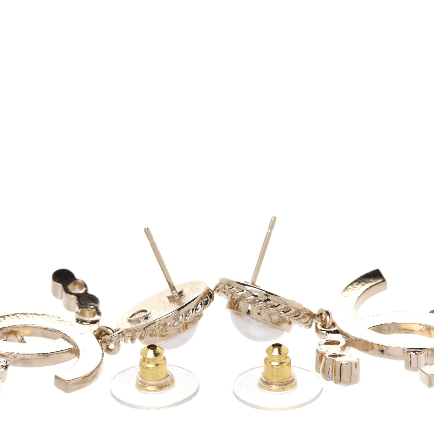 Chanel Metal Pearl Crystal Coco Script CC Drop Earrings Gold 3 of 5