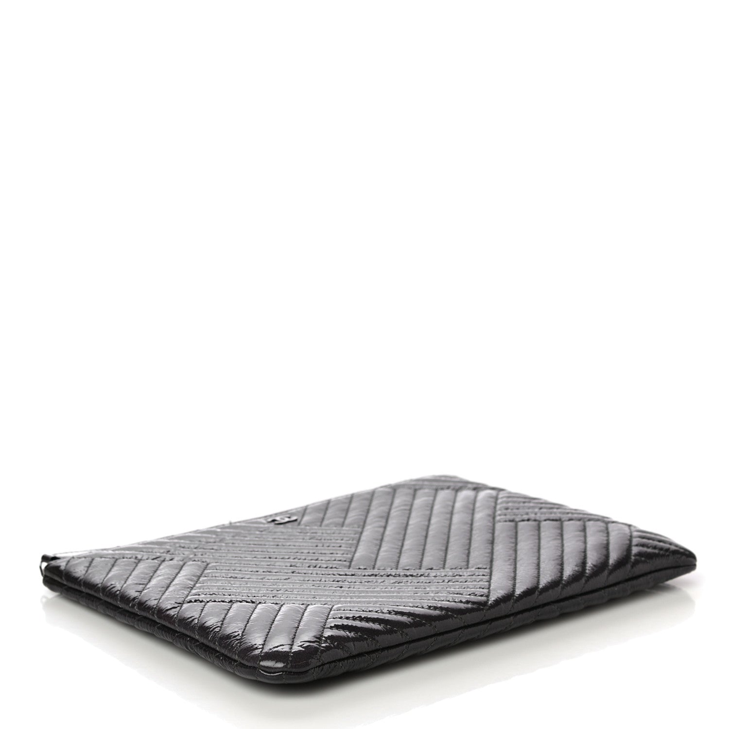 Chanel Distressed Patent Chevron Quilted Medium CC Crossing Cosmetic Case Black 4 of 12