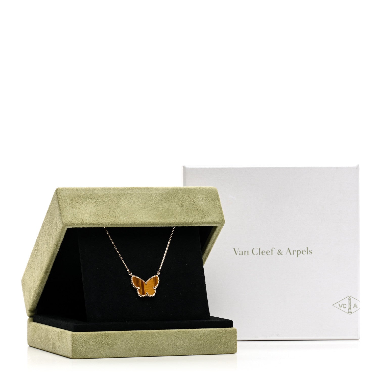 Van Cleef & Arpels 18k Yellow Gold Tiger Eye Lucky Alhambra Butterfly Pendant Necklace 6 of 6