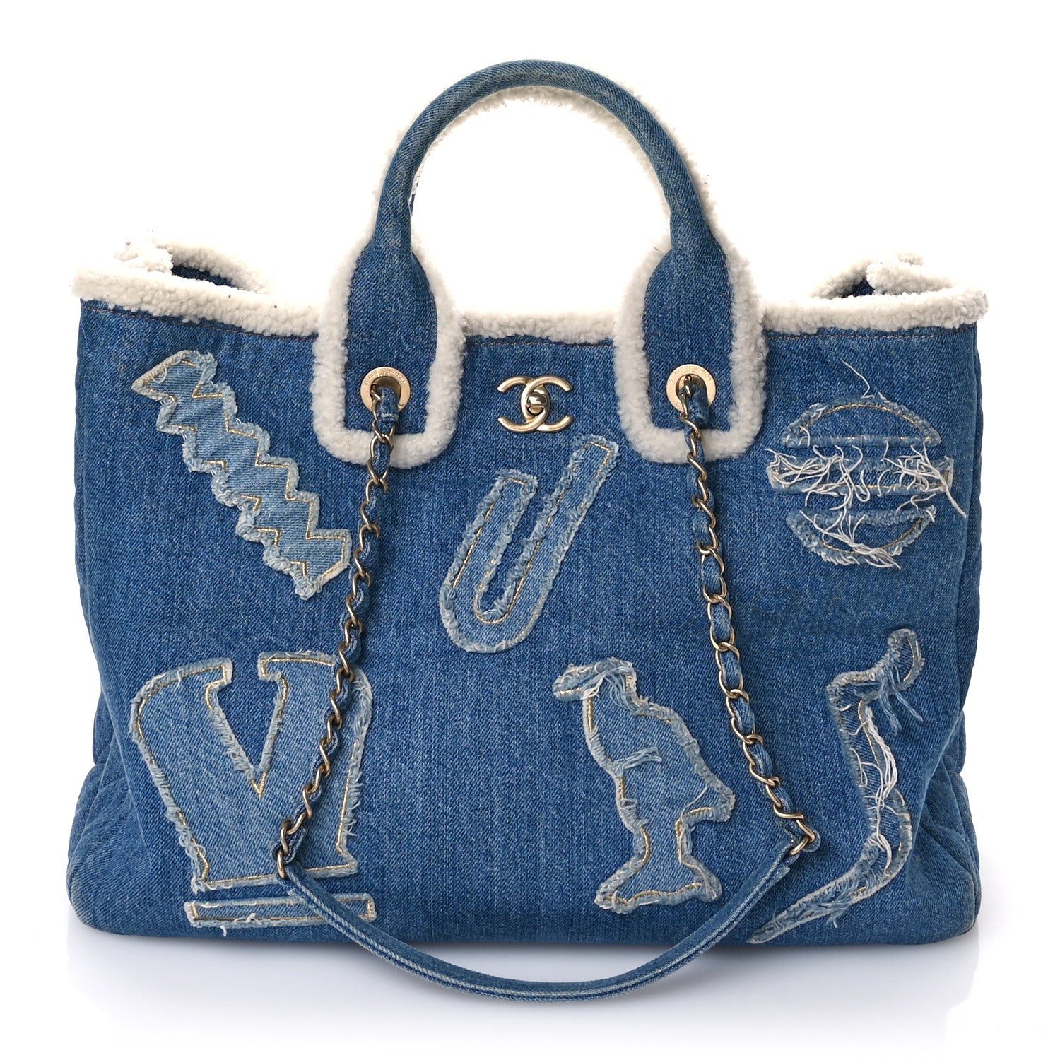 Chanel Denim Shearling Hieroglyph Coco Tote Blue 1 of 10