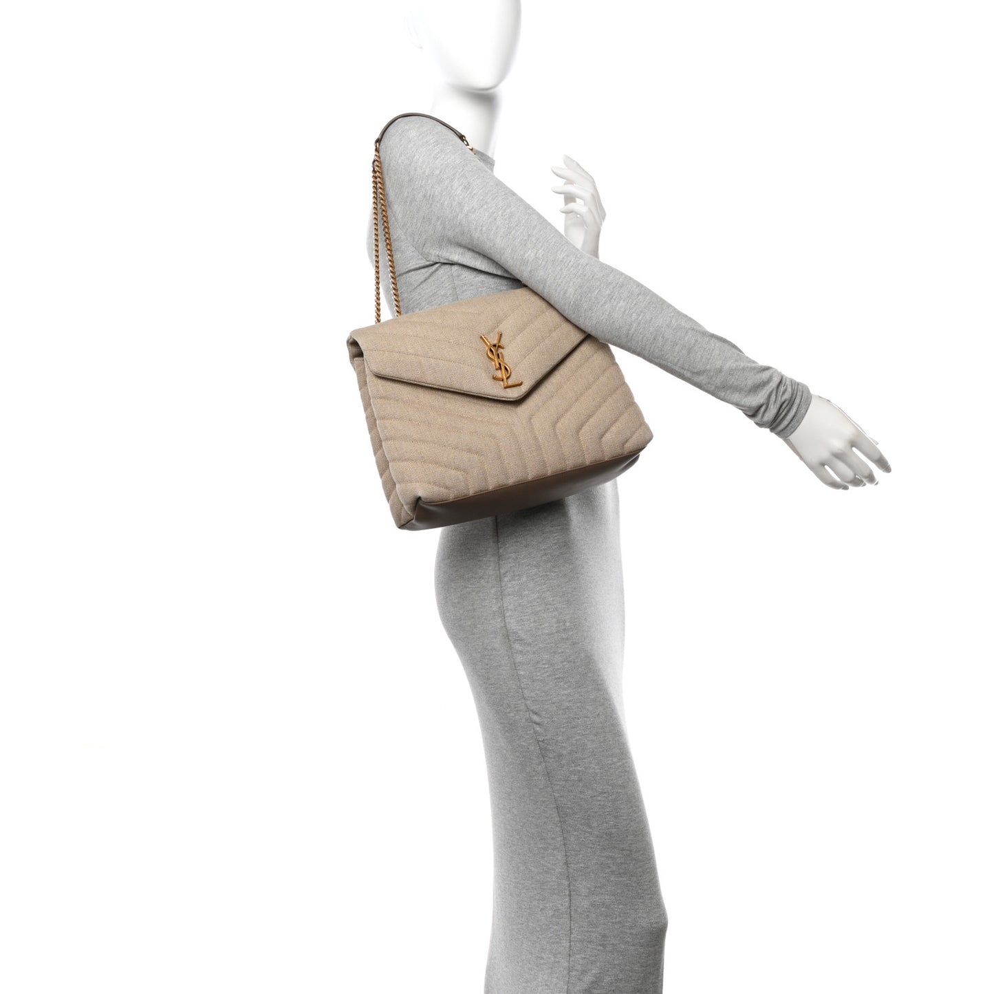 Linen Y Quilted Monogram Medium Loulou Chain Satchel Natural Taupe