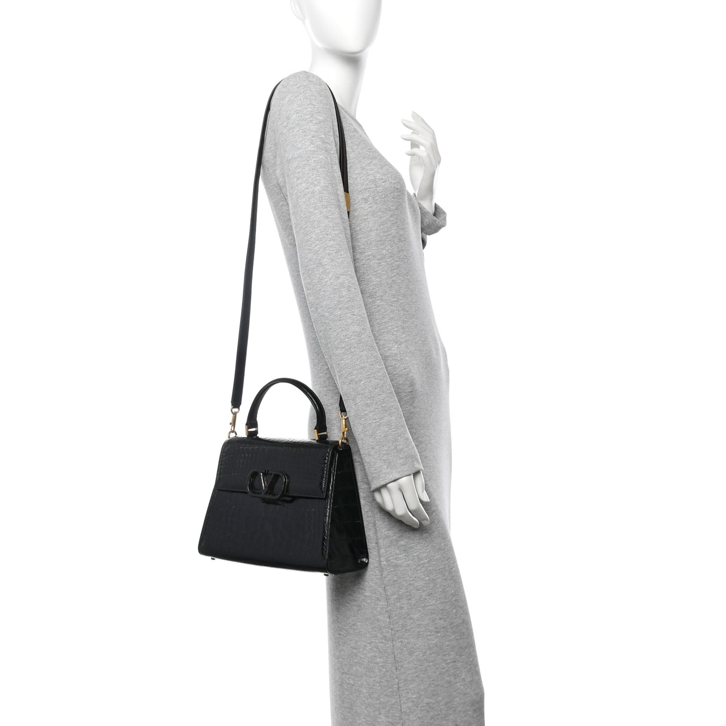 Crocodile Small VSling Top Handle Bag Black