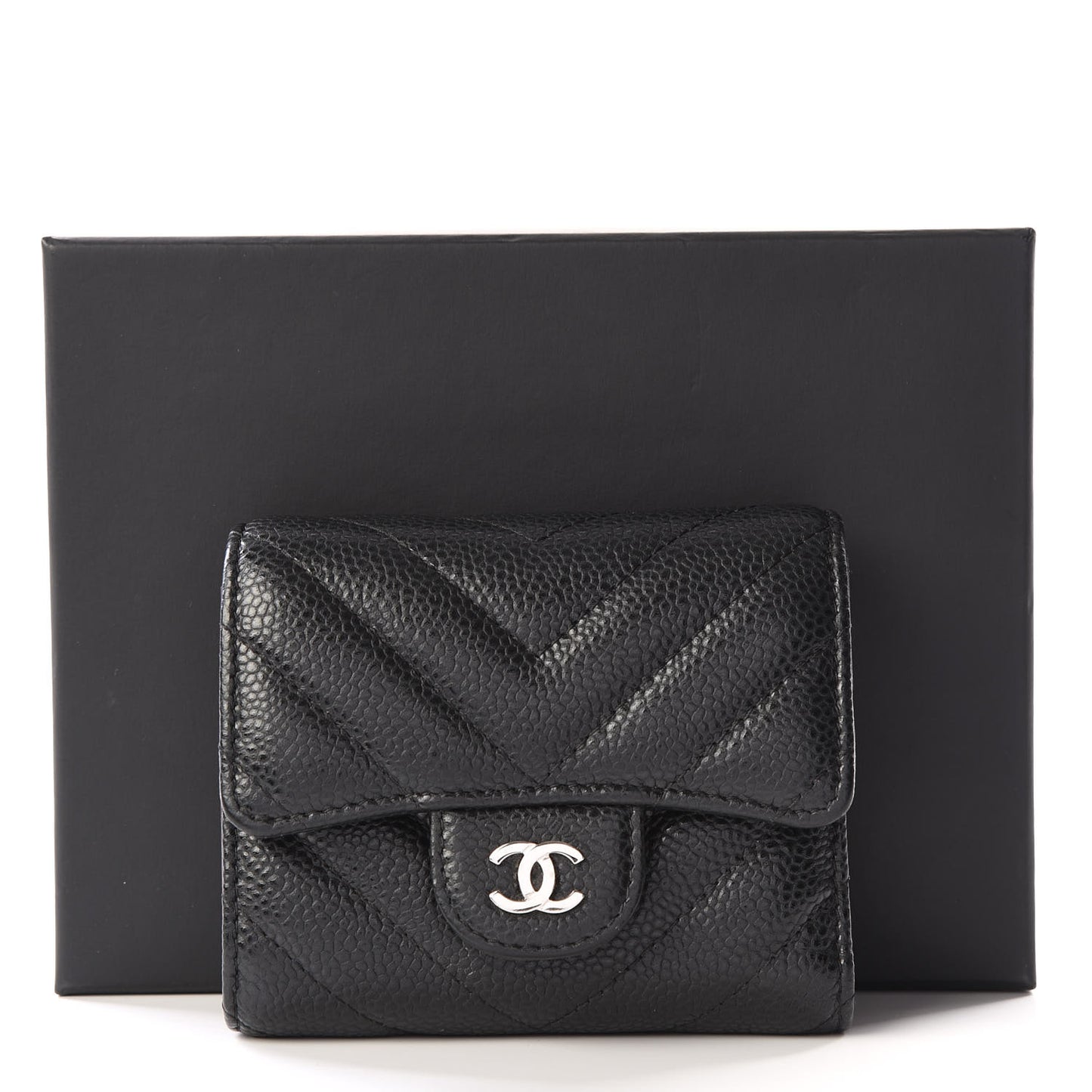 Caviar Chevron Quilted Compact Flap Wallet Black