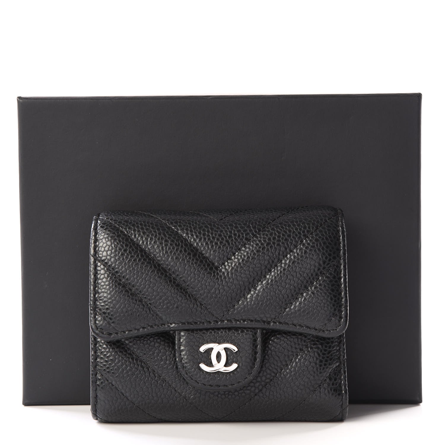 Chanel Caviar Chevron Quilted Compact Flap Wallet Black 10 of 10