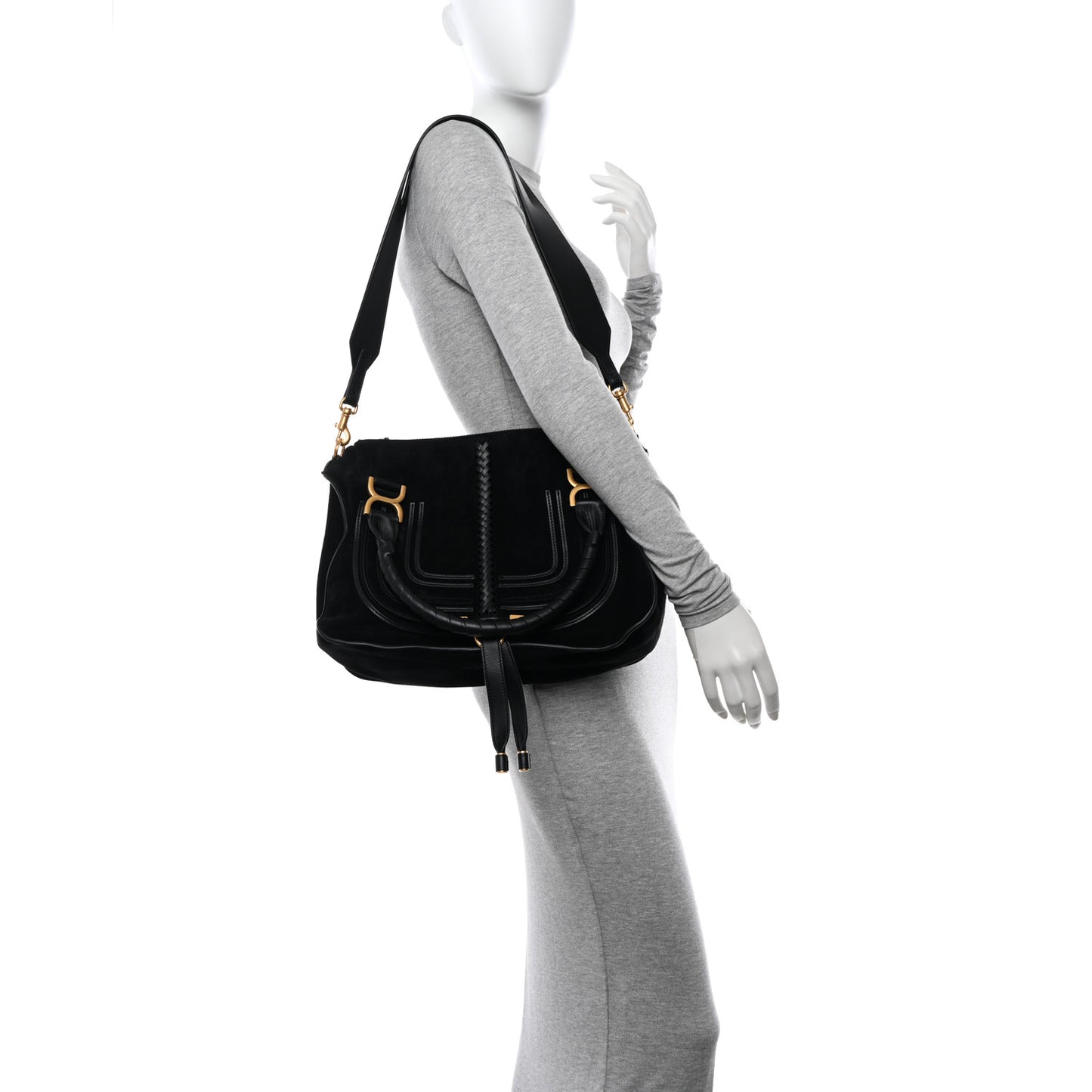 Suede Calfskin Braided Medium Marcie Double Carry Black