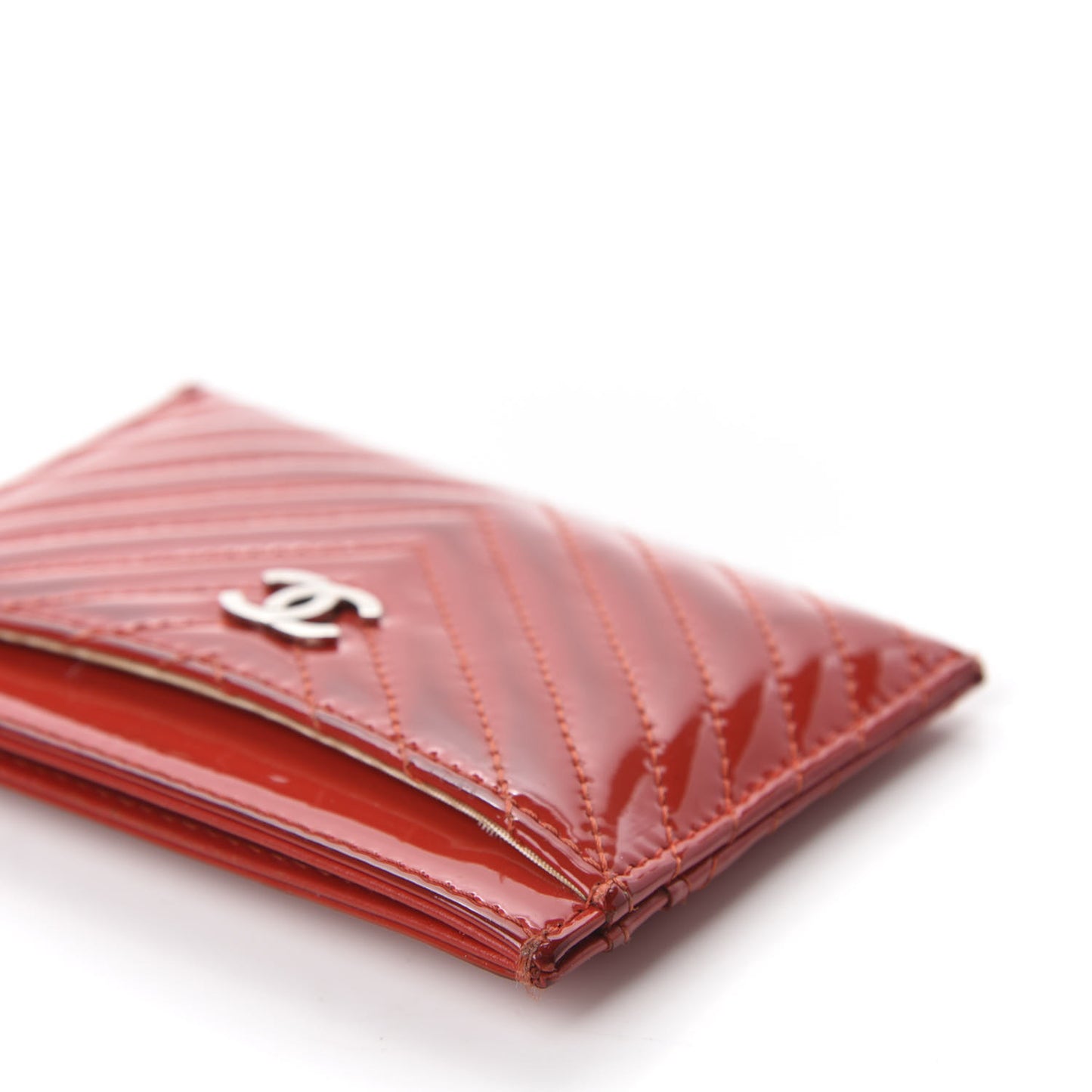 Patent Quilted Chevron Card Holder Red