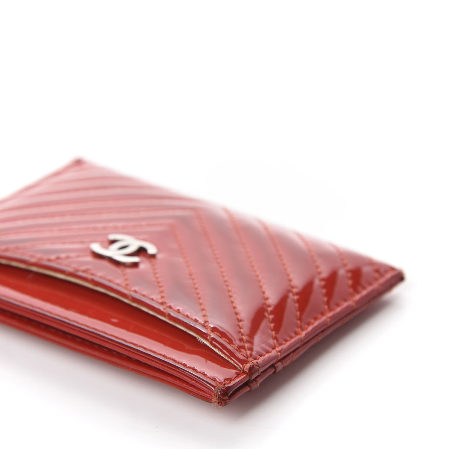 Chanel Patent Quilted Chevron Card Holder Red 9 of 13