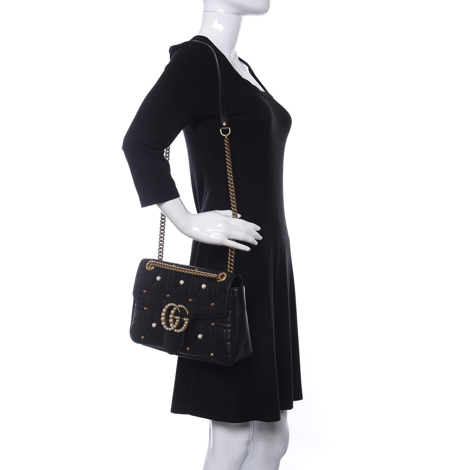 Gucci Calfskin Matelasse Studded Medium Pearly GG Marmont Shoulder Bag Black 2 of 9