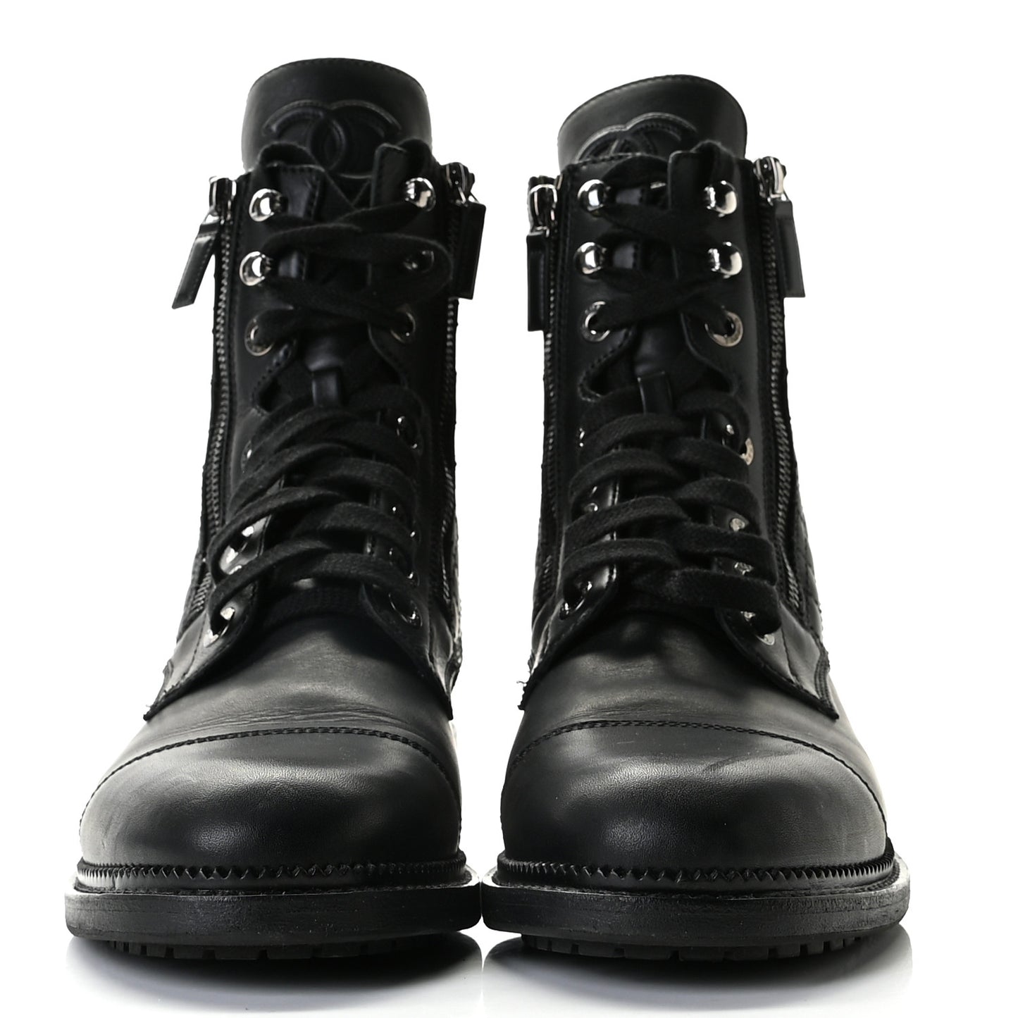 Calfskin Quilted Lace Up Combat Boots 39.5 Black