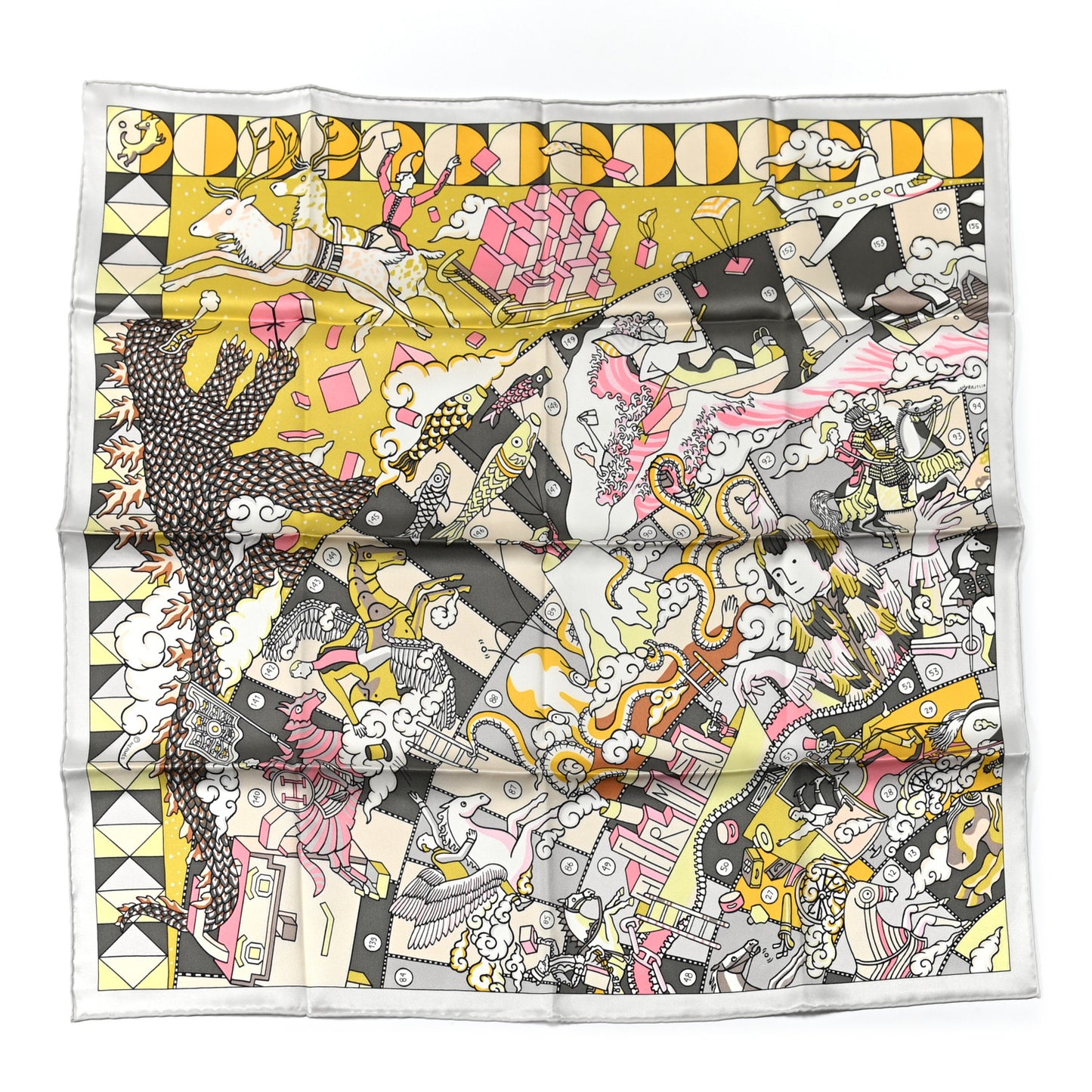 Silk L'Epopee D'Hermes Detail Scarf 70 Gris Jaune Rose