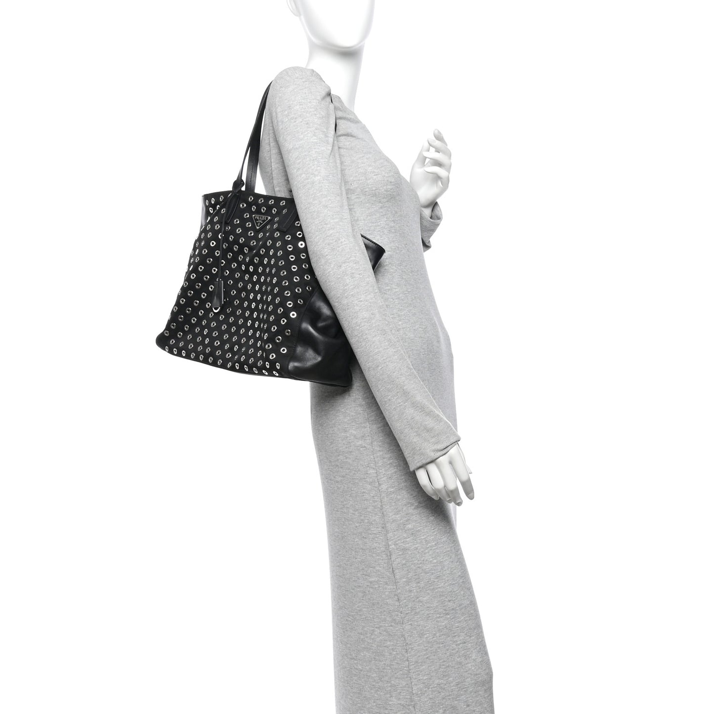 Tessuto Nylon Calfskin Grommet Tote Black