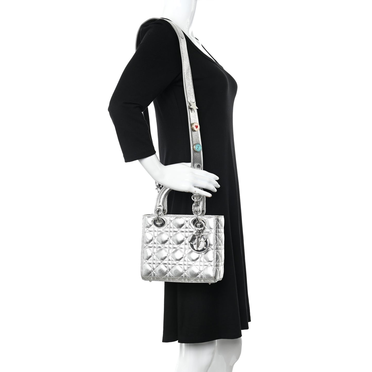 Metallic Grained Calfskin Cannage Small Lucky Badges My Lady Dior Silver