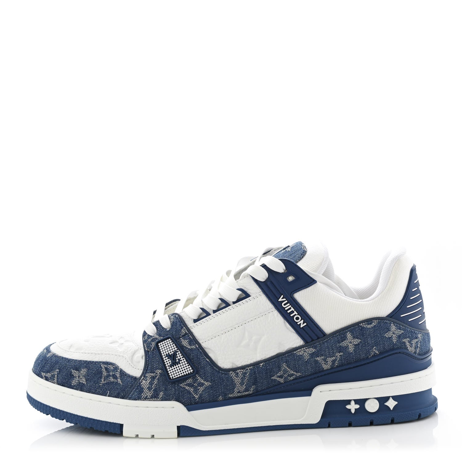 Louis Vuitton Calfskin Embossed Monogram Denim Mens LV Trainer Sneakers 12 Blue 1 of 8