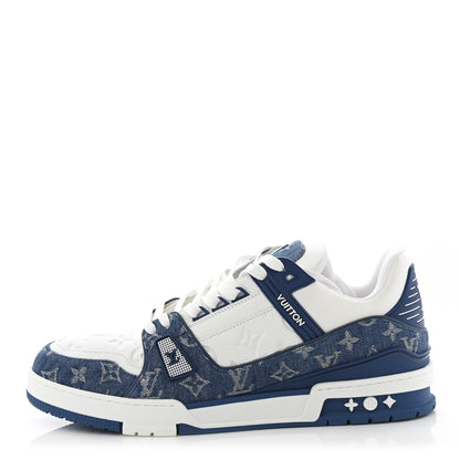 Louis Vuitton Calfskin Embossed Monogram Denim Mens LV Trainer Sneakers 12 Blue 1 of 8