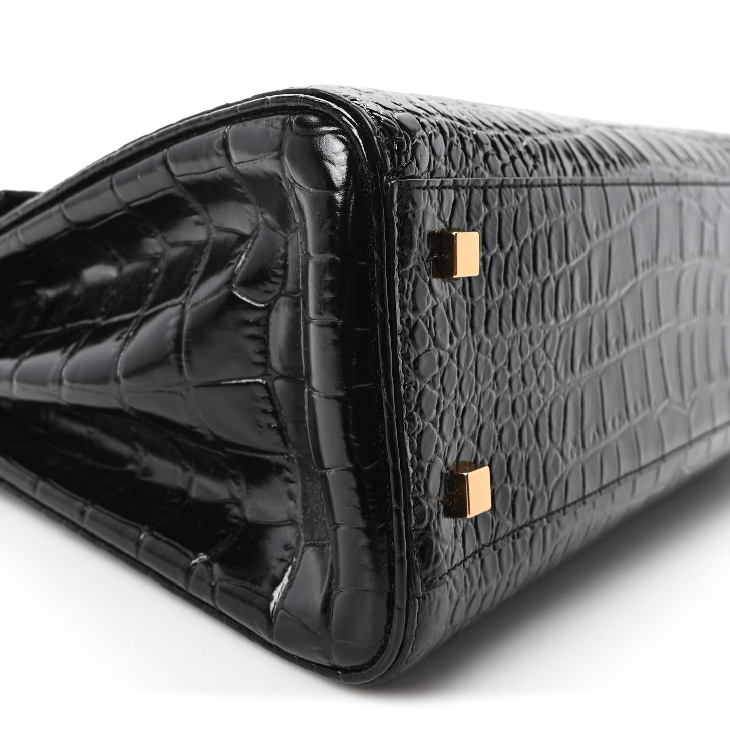 Shiny Calfskin Crocodile Embossed Le Fermoir Top Handle Bag Black