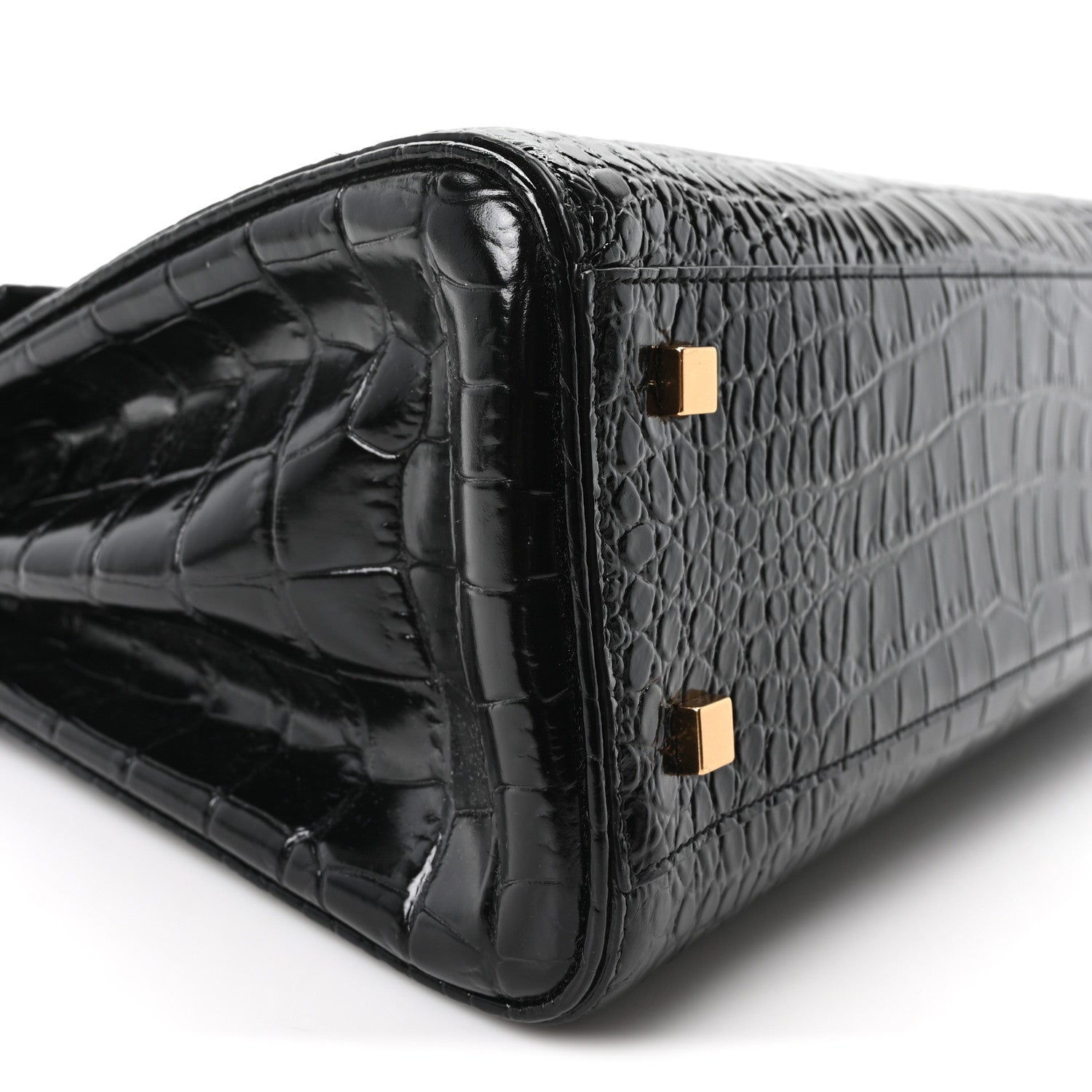 Saint Laurent Shiny Calfskin Crocodile Embossed Le Fermoir Top Handle Bag Black 9 of 10