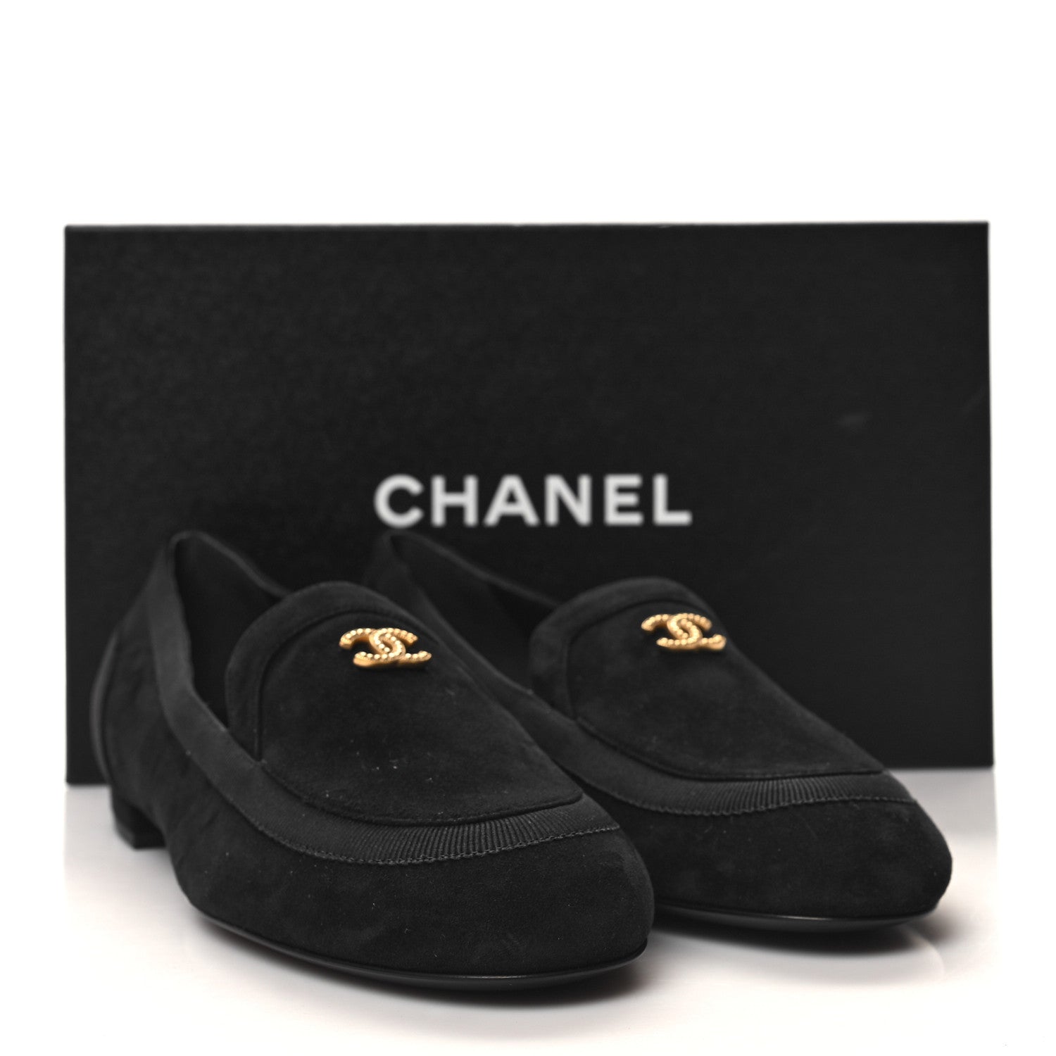 Chanel Kid Suede CC Grosgrain Moccasin Loafers 37.5 Black 9 of 9