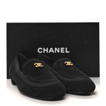 Chanel Kid Suede CC Grosgrain Moccasin Loafers 37.5 Black 9 of 9