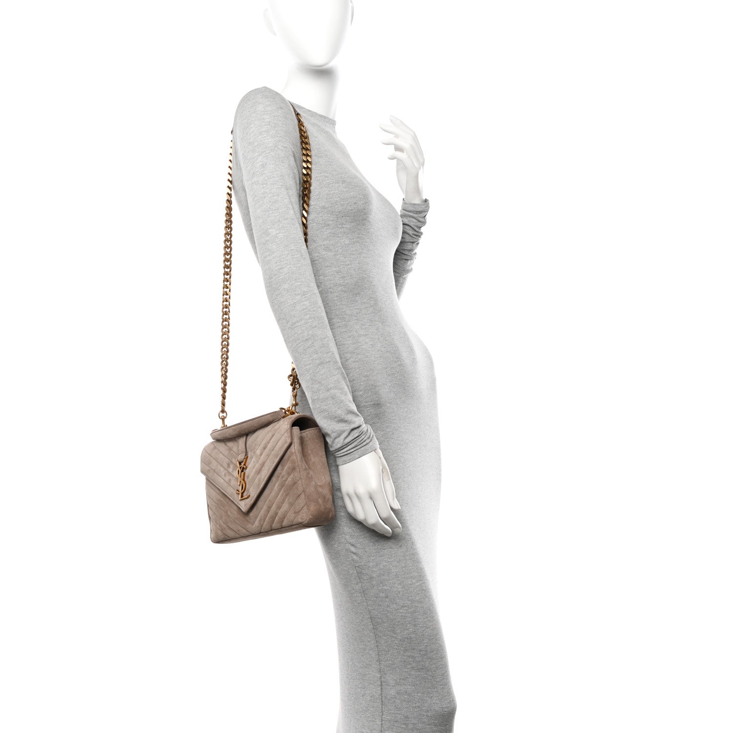 Saint Laurent Suede Matelasse Chevron Monogram Medium College Bag Taupe 2 of 11