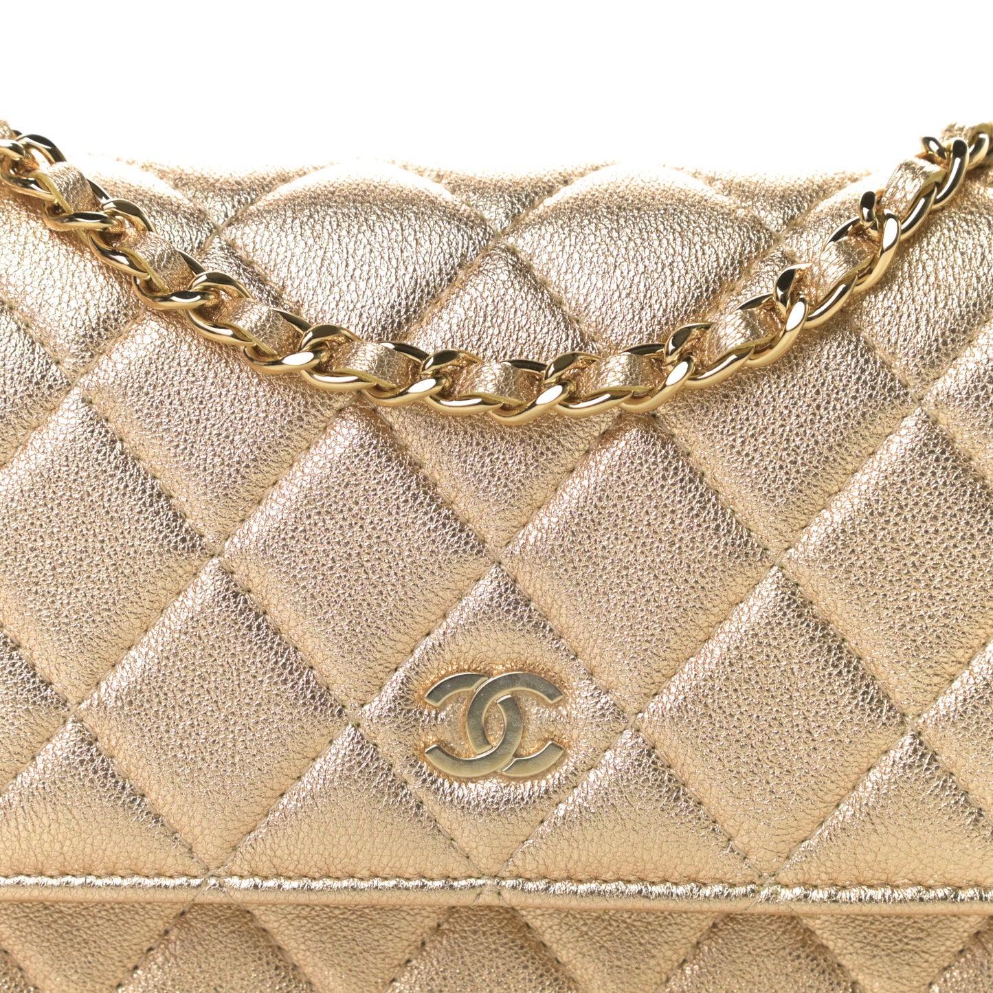 Metallic Lambskin Quilted Mini Wallet On Chain WOC Gold