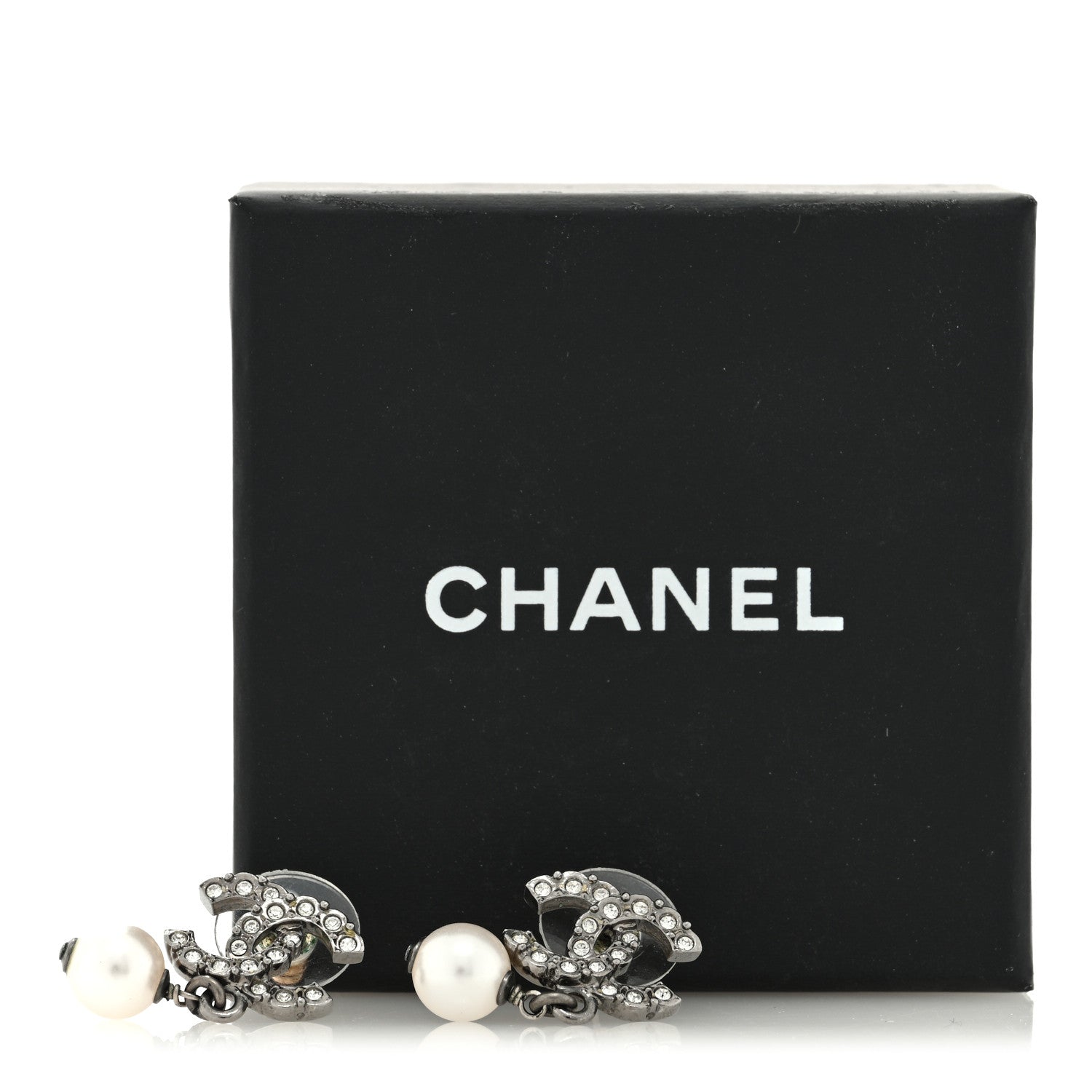Chanel Pearl Crystal CC Drop Earrings Silver Pearly White 5 of 5