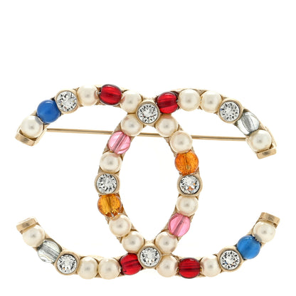 Chanel Pearl Crystal CC Brooch Gold Multicolor 1 of 3