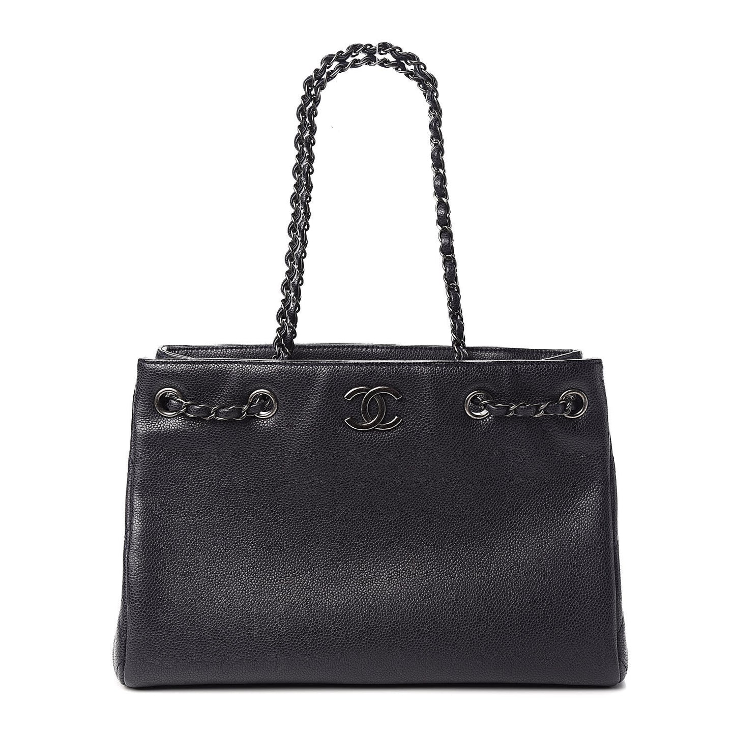 Metallic Grained Calfskin Woven Chain Medium Shopping Tote Dark Navy