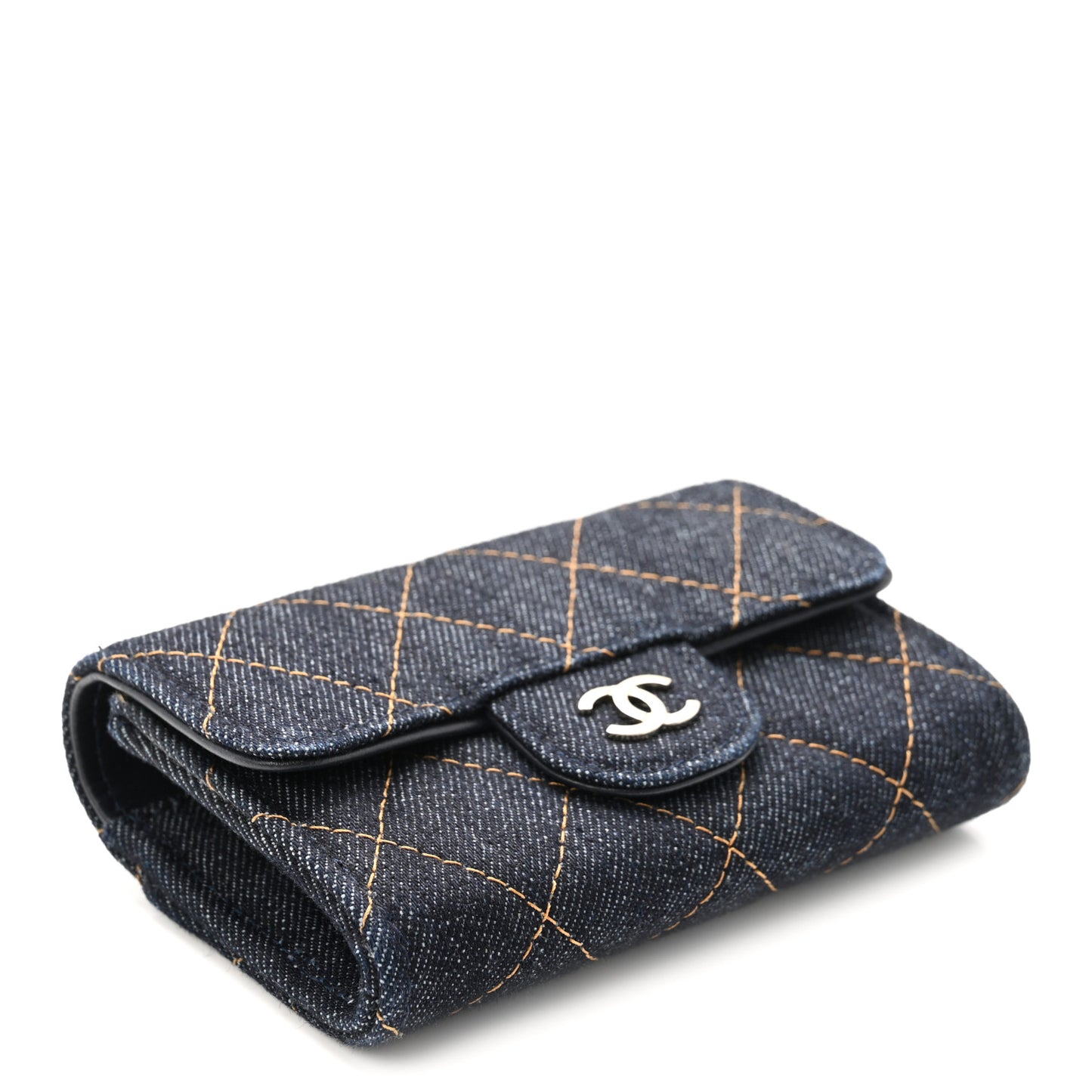 Denim Quilted Flap Card Holder Wallet Dark Blue Orange