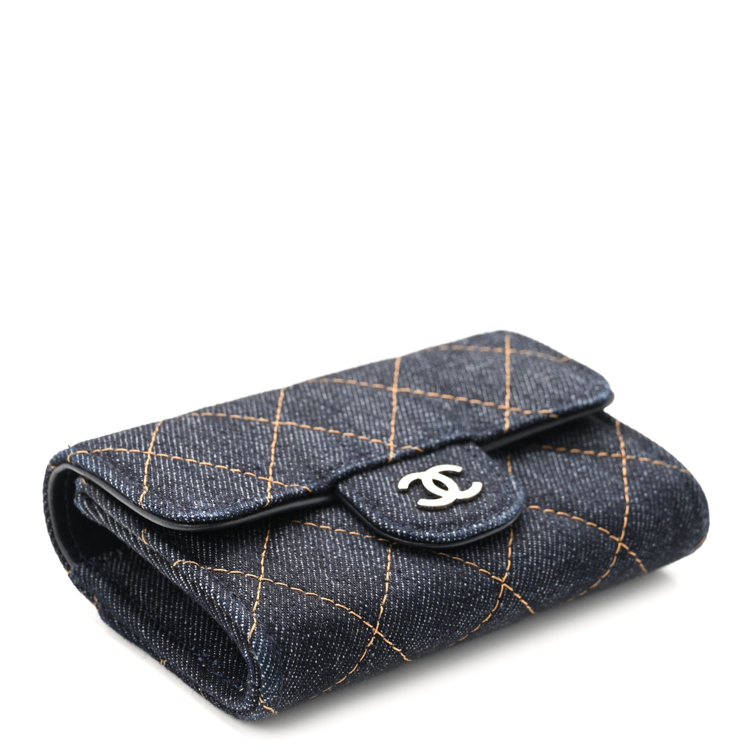 Chanel Denim Quilted Flap Card Holder Wallet Dark Blue Orange 4 of 8