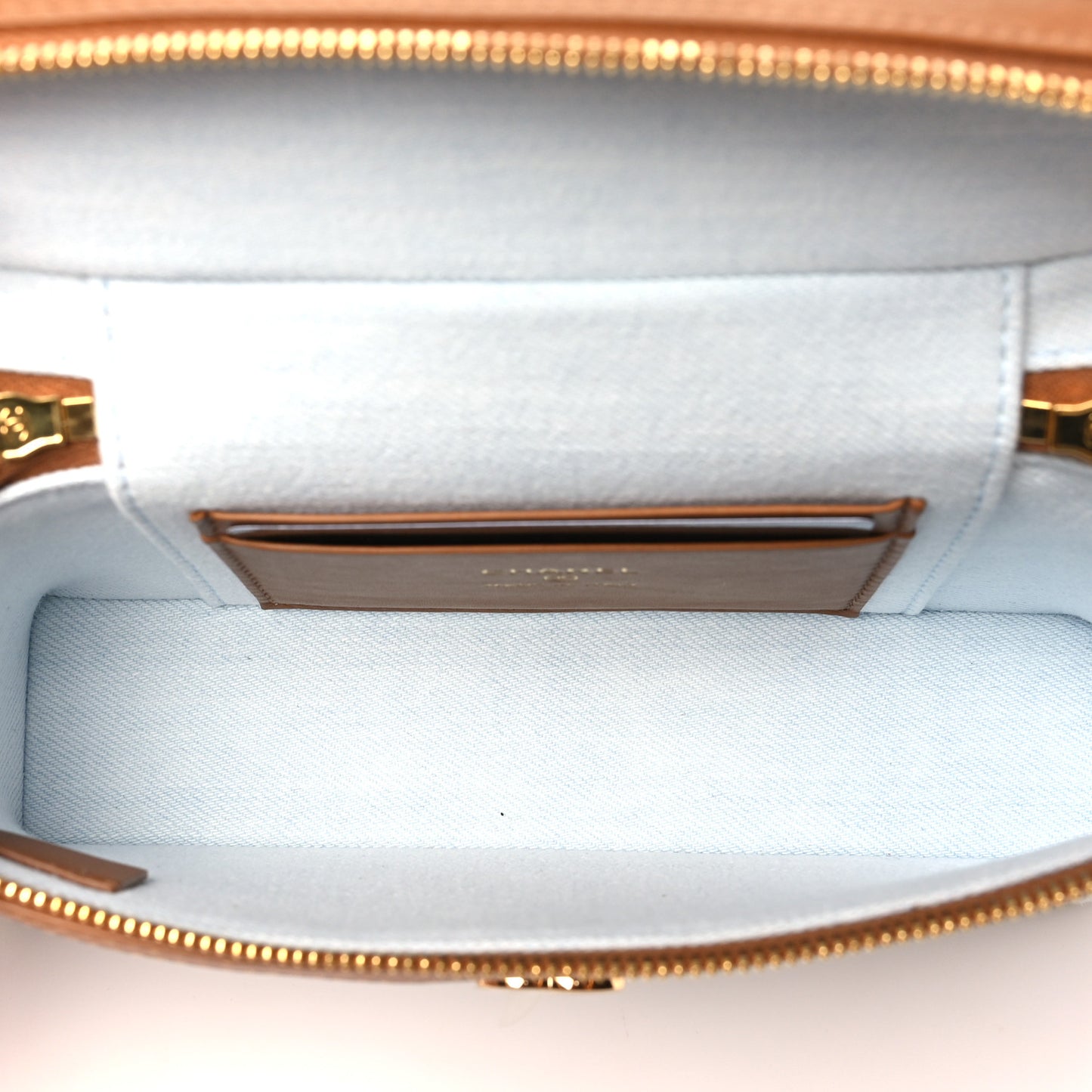 Washed Denim Calfskin Quilted Top Handle Slim Vanity Case With Chain Blue Brown