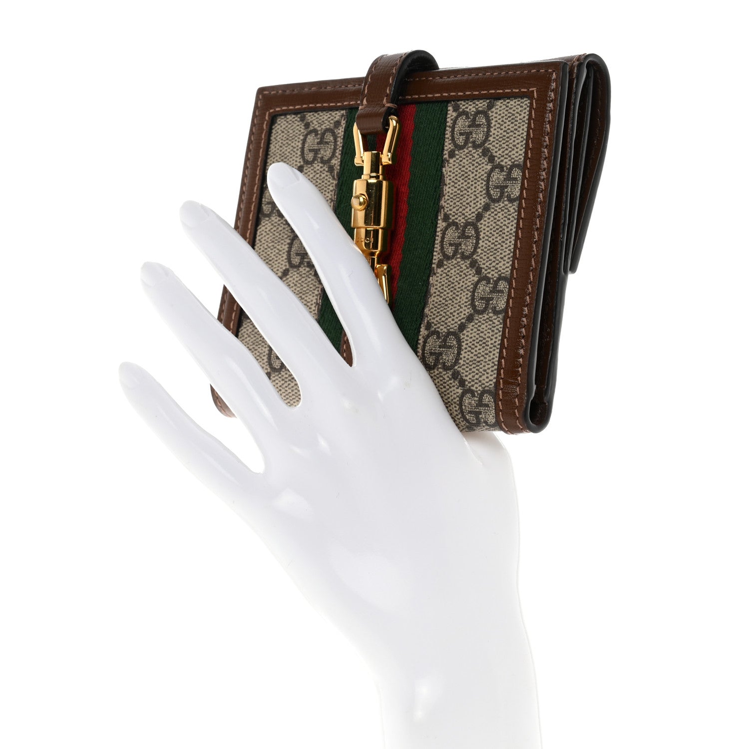 Gucci GG Supreme Monogram Textured Calfskin Web Jackie 1961 French Flap Wallet Beige Ebony Brown Sugar 2 of 9