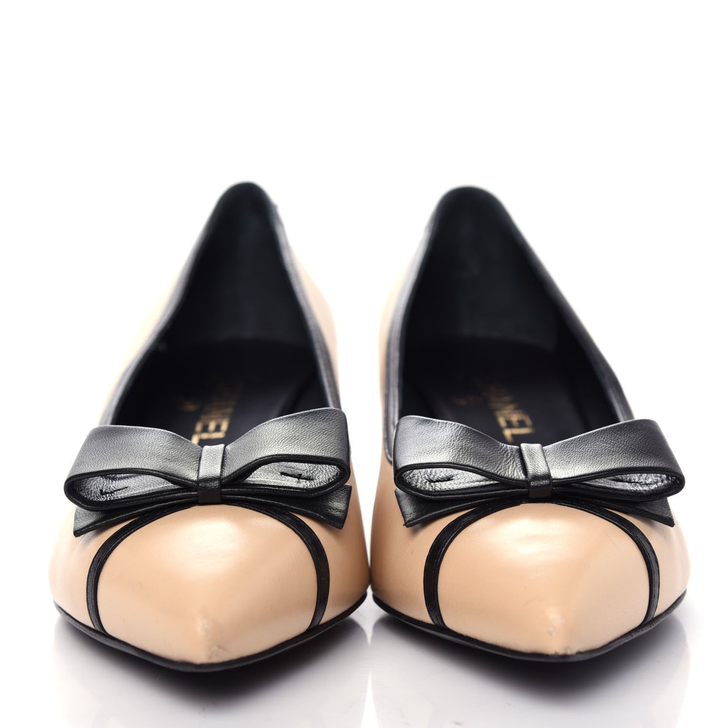 Chanel Lambskin Bow Pointed Toe Pumps 38.5 Beige Black 2 of 11